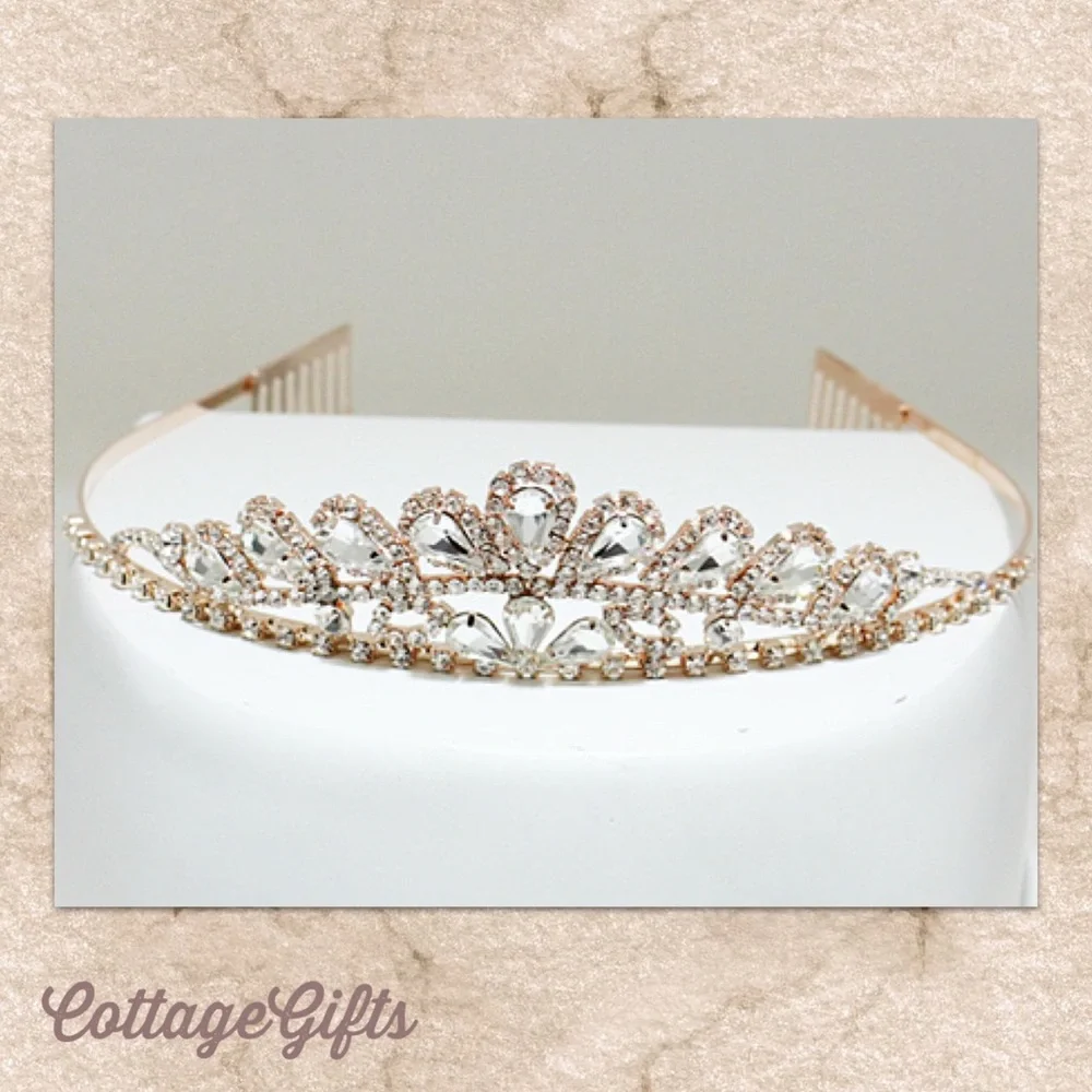 NWT Tiara Rhinestones & Rose Goldtone Head Hair Bridal Crown Bride Wedding - Picture 1 of 5
